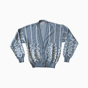 Vintage London Fog Ice Blue Geometric Knit Cardigan, Grandpa Sweater